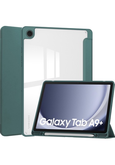 Neevoyu Samsung Galaxy Tab A9/a9 Plus Kılıfı 11 İnç - Kalem Slotlu, Uyandırma Fonksiyonlu, Üç Katlı Şeffaf Tablet Koruması - Koyu Yeşil