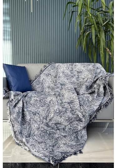 Saçaklı Lüks Koltuk Örtüsü 170x220 Cm Mavi Mavi