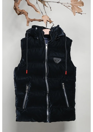 Kapüşonlu Erkek Çocuk Nova Kumaş Şişme Yelek Siyah