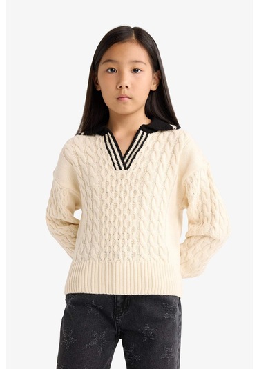 Defacto Kız Çocuk Polo Yaka Kazak G1626a825auer68 Ekru