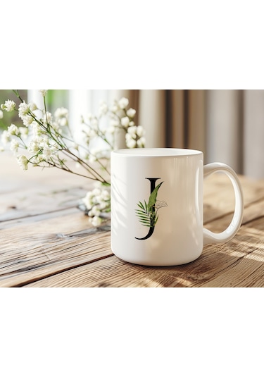J Harf Zarif Yaprak Desenli Kupa Bardak - Naturel Sade Alfabe Harfli Bardak - Kişiye Özel Hediye Beyaz