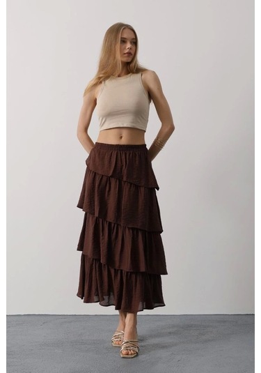 Katlı Kesim Uzun Etek - Kahve Kahve