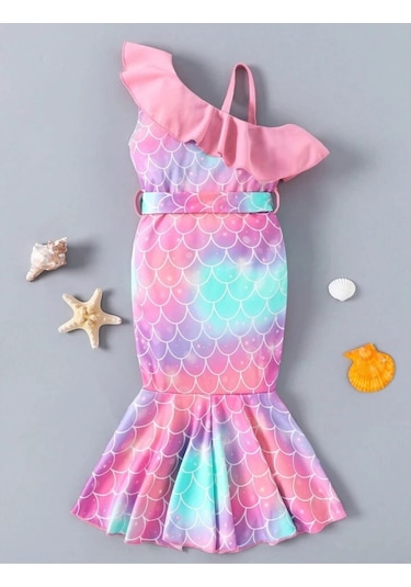 Deniz Kızı Desenli Volanlı Elbise Çok Renkli