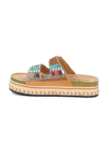 Guja 25y103 Kadın Mantar Platform Taban Taşlı Çift Tokalı Comfort Terlik Camel Fuşya