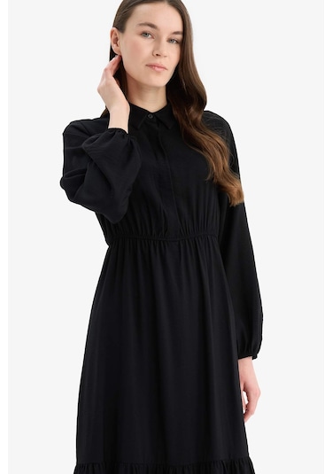 DeFacto 	Gömlek Yaka Basic Düz Düğmeli Beli Büzgülü Uzun Kollu Maxi Elbise D5851AX25SPBK81