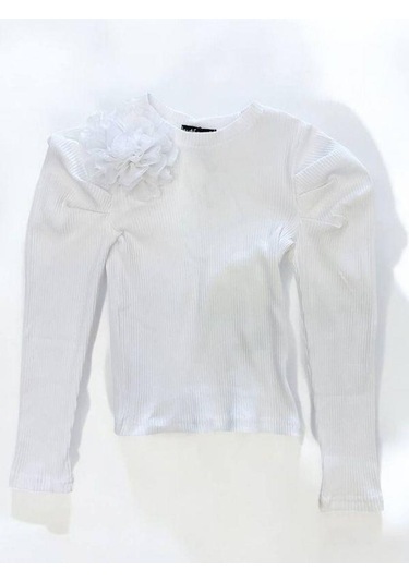 Kız Çocuk Kol Detaylı Çiçekli Fitilli Bluz-14802 Beyaz