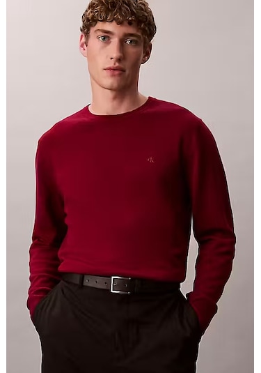 Erkek Regular Fit Merinos Yünü Triko Kazak - Bordo Beet Red