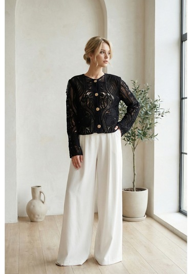 Sayzen Your Shine Dantel Desenli Gold Düğmeli Basic Ceket Shn-2602-tg Siyah