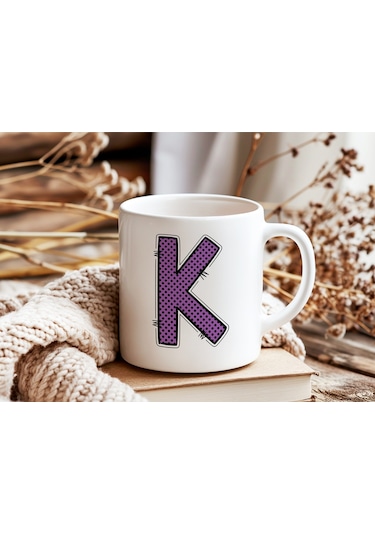 K Harfi Mor Puantiyeli Kupa Bardak - Polka Dot Tasarım Kahve Çay Bardak - Kişiye Özel Hediyelik Beyaz