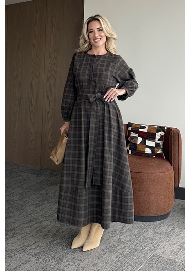 Haki Ekoseli Kuşaklı Uzun Elbise - 1235 Haki