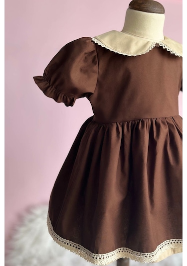 Dantel Detaylı Bebe Yaka Kahve Camel Vintage Kız Çocuk Bebek Bayram Elbise 001