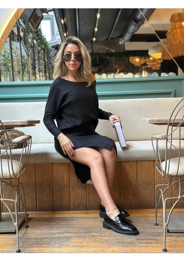 Tua Moda Kadın Uzun Kollu Düşük Omuz Yırtmaç Detay Kaşkorse Etek Bluz Ikili Takım Siyah