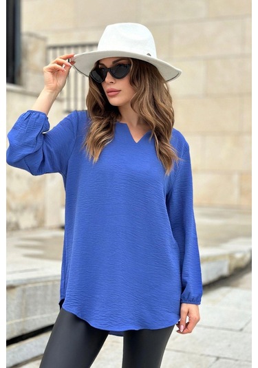 Kadın İndigo Uzun Truvakar Kol, Öpücük Yaka, Basic Kesim Bluz - Tesettüre Uygun Indigo