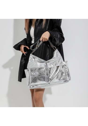 Banliyöyük Kapasiteli Tote Çanta Vintage Omuz Çantası Güş GÜMÜŞ Gümüş