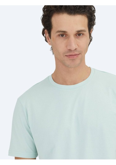 Açık Yeşil Düz Bisiklet Yaka %100 Pamuk T-shirt Açık Yeşil