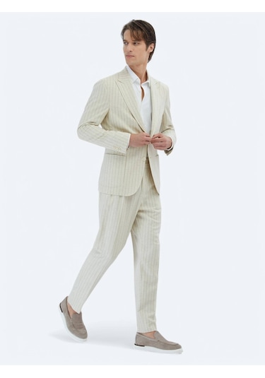 Kip Bej Çizgili Comfort Fit Keten Karışımlı Takım Elbise Bej