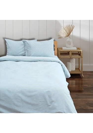 Çift Kişilik %100 Pamuk Düz İnce Çizgili Nevresim Takımı | Turkuaz Mavi & Beyaz | 4 Parça | Yumuşak Dokulu Turkuaz Mavi