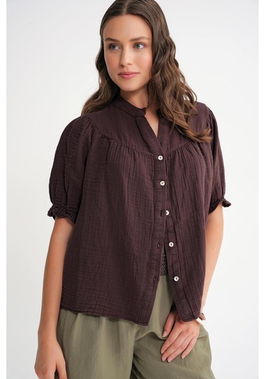 4725 Kadın Büzgü Robalı Kolu Fırfırlı Müslin Gömlek Kahve Kahve