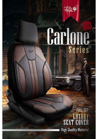 Siyah - Kahve Panda Carlone Serisi Ful Deri Oto Koltuk Kılıfı - Tam Set
