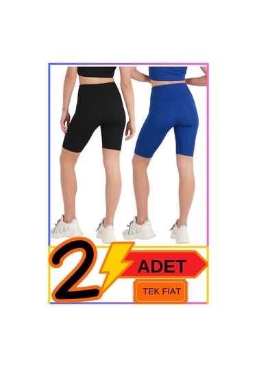 Kadın Yüksek Bel Toparlayıcı Şort Tayt Siyah & Mavi 2'li Paket Lycralı Biker Shorts 21070 Siyah - Mavi