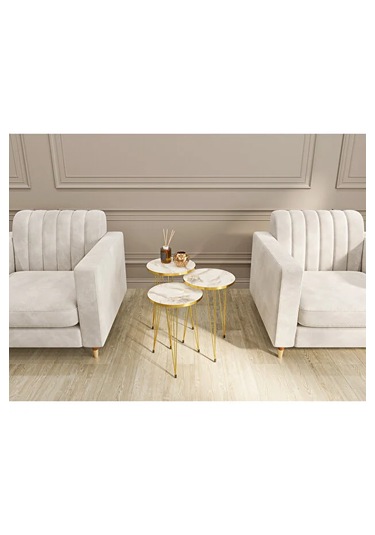 Zigon Sehpa 3'lü Yuvarlak Gold Tel Ayaklı Beyaz Mermer