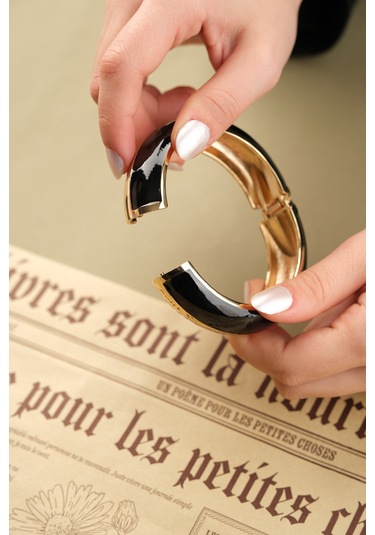 Çildan Womens Black Gold Özel Tasarım Kalın Kelepçe Bileklik Altın