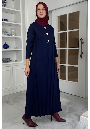 Yaprak Triko Elbise Lacivert Normal