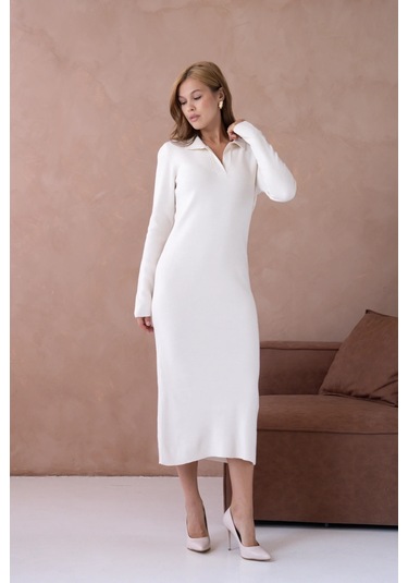 Kadın Polo Yaka Yamuşak Dokulu Maksi Boy Triko Elbise Taş