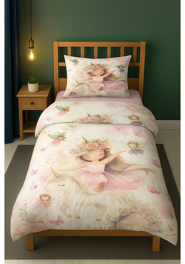 Peri Kız Unicorn Masalı Tek Kişilik Çocuk Nevresim Seti Pembe