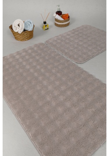 Modern Bubble Yıkanabilir Kaymaz Peluş Banyo Paspası Halısı 2'li Klozet Takımı 60x100-50x60cm Bej