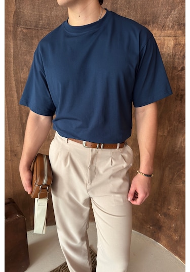 Hyman Erkek %100 Pamuk Oversize Basic T-shirt İndigo