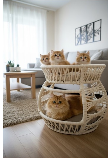 Reyo Pet Lüxperi Bombeli Kedi Ranzası 2 Katlı Kedi Yatağı Krem