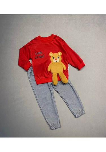2-3-4 Yaş Ayıcık Sallanan Ayak Desenli Likra Penye Kumaş Sweat Pantolonlu Kız Erkek 2li Çocuk Takımı Kırmızı