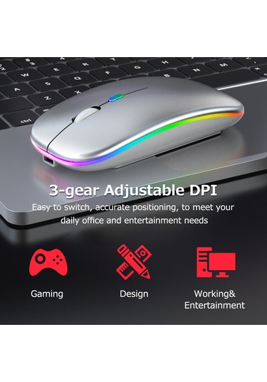 Mufunye Optik Kablosuz Fare, 2.4g+bt3.0+bt5.2 Üçlü Bağlantı, Led Işık Efekti, 500mah Pil, Sessiz Ofis Kullanıma Uygun, Gümüş Renk Type-c Adaptörü İle Optik Mufunye Optik Kablosuz Fare, 2.4g+bt3.0+bt5.2 Üçlü Bağlantı, Led Işık Efekti, 500mah Pil, Sessiz Ofis Kullanıma Uygun, Gümüş Renk Type-c Adaptörü İle Optik