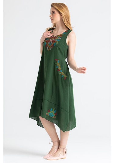 Kolsuz Şile Bezi Antik Nakışlı Midi Boy Elbise Yeşil