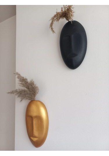 Dekoratif 2'li Yüz Duvar Vazosu, Duvar Süsü ,heykel Aksesuar Siyah Gold