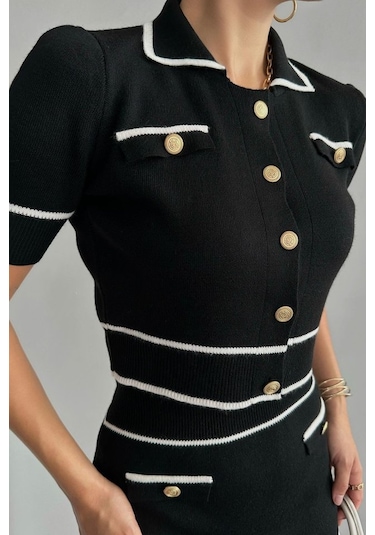 Kısa Triko Etekli Takım - Siyah-krem Siyah - Krem