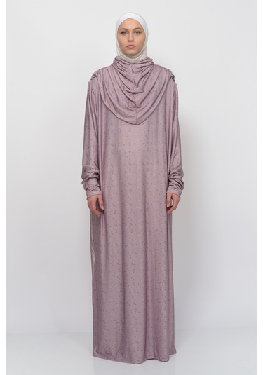 Pratik Tek Parça Çiçek Desenli Kollu Tak Çıkar Başörtülü Likralı Tesettür Namaz Elbisesi 990-0201 Bej Antrasit