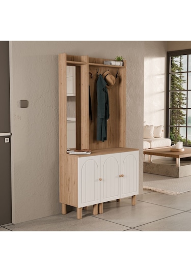 Set 5089-5072 Rapsody Sol Aynalı 3 Kapaklı Membran 4 Askılı Bohem Portmanto Sepet-beyaz Beyaz - Meşe