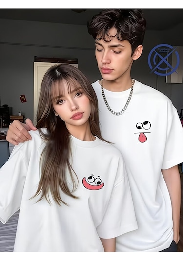 Nevermind Sevgili Kombini Tişört 2 Li Set Unisex Minimal Yüz Baskılı Çift T Beyaz