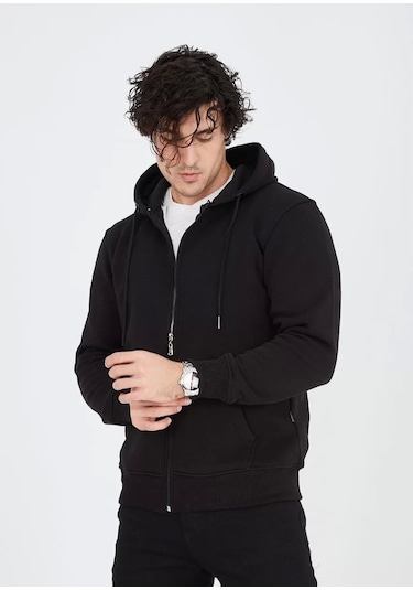 Unisex Tam Fermuarlı Kapşonlu Sweatshirt - Siyah Siyah