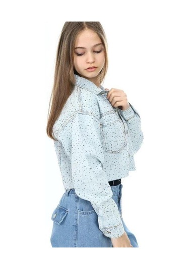Kız Çocuk Parlak Taşlı Oversize Crop Kot Ceket-13741 Mavi