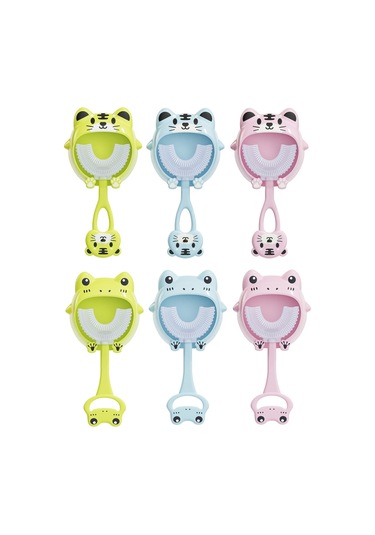 Sones S8 2 Adet Çocuk Karikatür Hayvan Manuel U Şeklinde Silikon Diş Fırçası 2-12 Yaş Arası Pembe Kurbağa