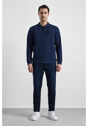 Süvari Lacivert Regular Düz Fermuarlı Polo Yaka Sweatshirt Sw2013700011-m09