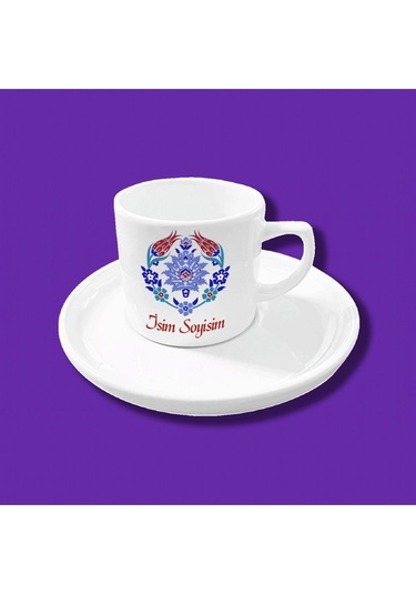 Kişiye Özel Osmanlı Çini Desen Tasarımlı Hediyelik Tekli Kahve Fincanı Beyaz
