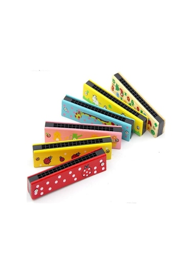 Ahşap Mızıka 16 Delikli Çift Sıralı Renkli Desenli Çocuk Mızıkası