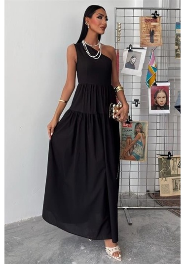 Tek Omuzlu Pile Detay Maxi Elbise 2895 S