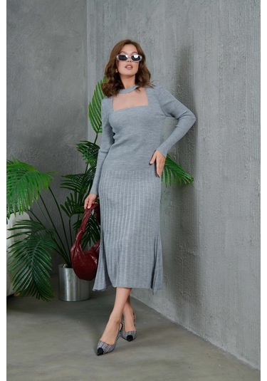 Kadın Bisiklet Yaka Tül Detay Maksi Boy Fitilli Triko Elbise Gri