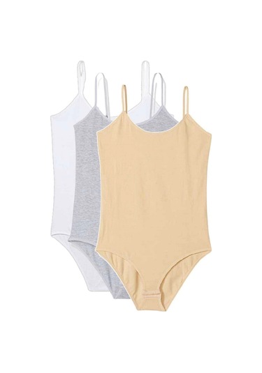 3 Adet İp Askılı Kadın Çıtçıtlı Body Beyaz Gri Ten Çok Renkli
