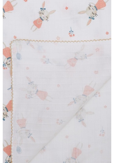 Breeze Yenidoğan Bebek Müslin Battaniye Mutlu Tavşancık Desenli Ekru - Ekru
